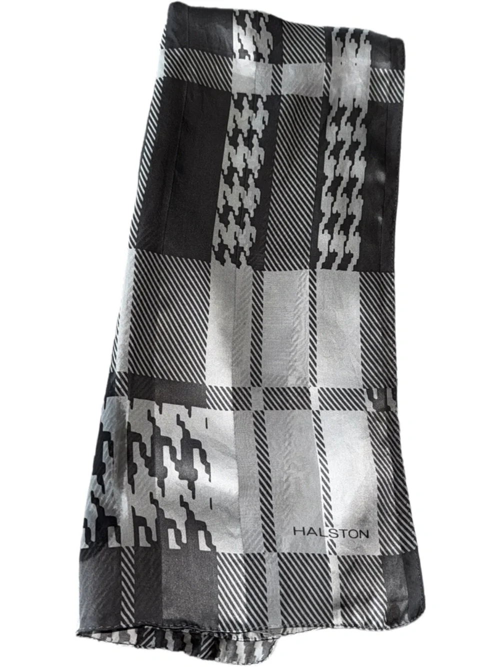 Silk Halston Heritage Black & Gray Plaid Silk Scarf